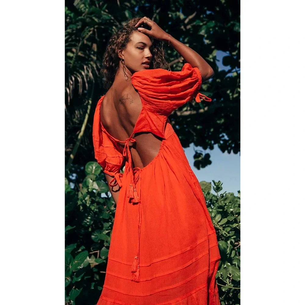 Free People Let's Be Friends Midi Dress Rome Red Boho Western Peasant Beach M - Picture 12 of 16